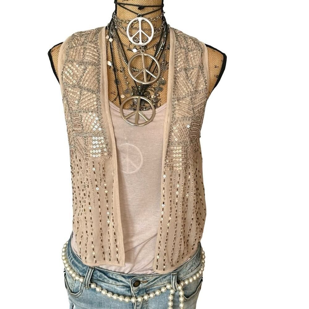 Chico's CORINA Khaki Sequin Embellished Lace Vest Cottagecore Women's -- Size 0